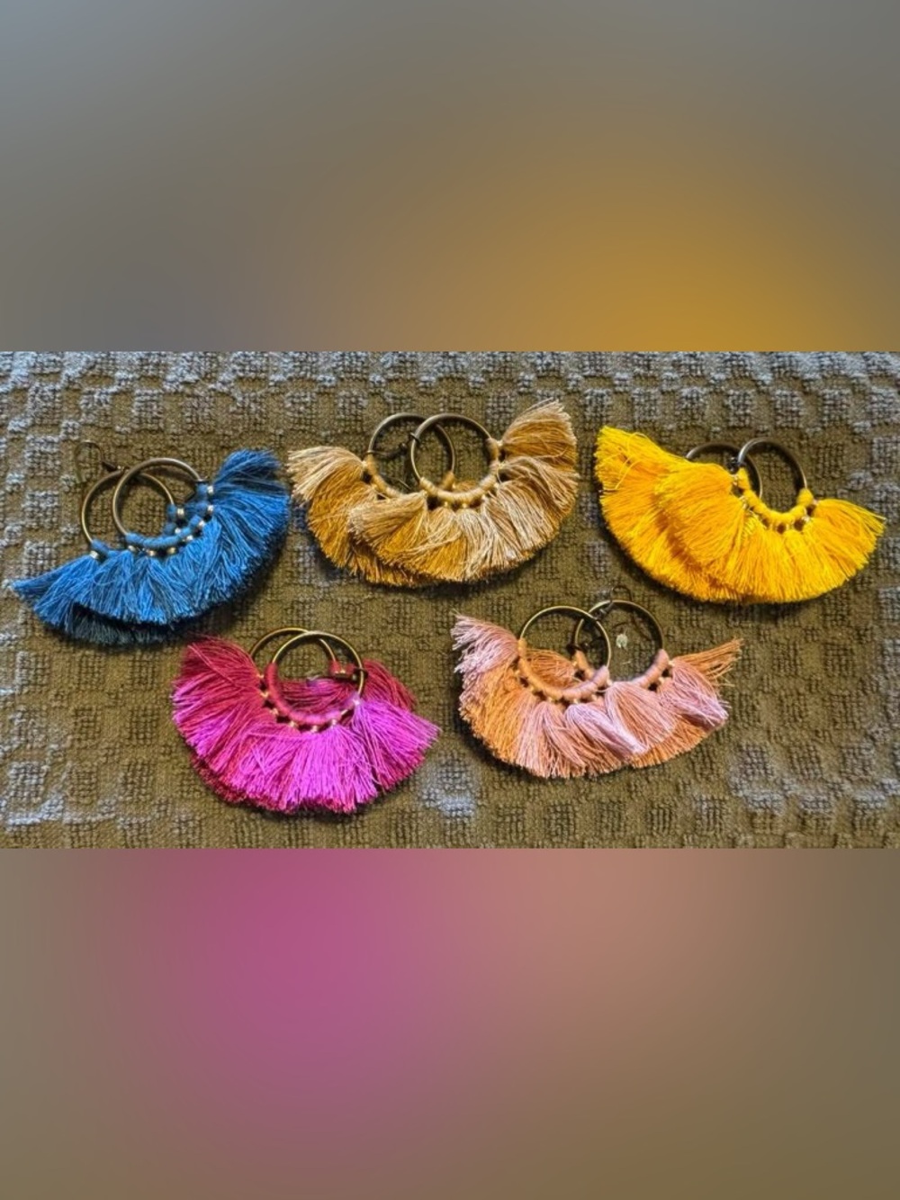Tassel Fringe Hoop Earrings in Pink, Blue, Yellow, Tan, and Mauve